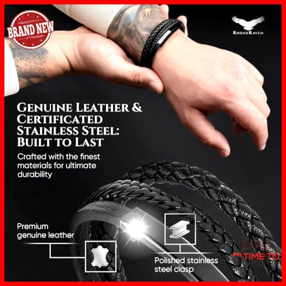 Adjustable Genuine Leather Bracelet with Stainless Steel Clasp for Men